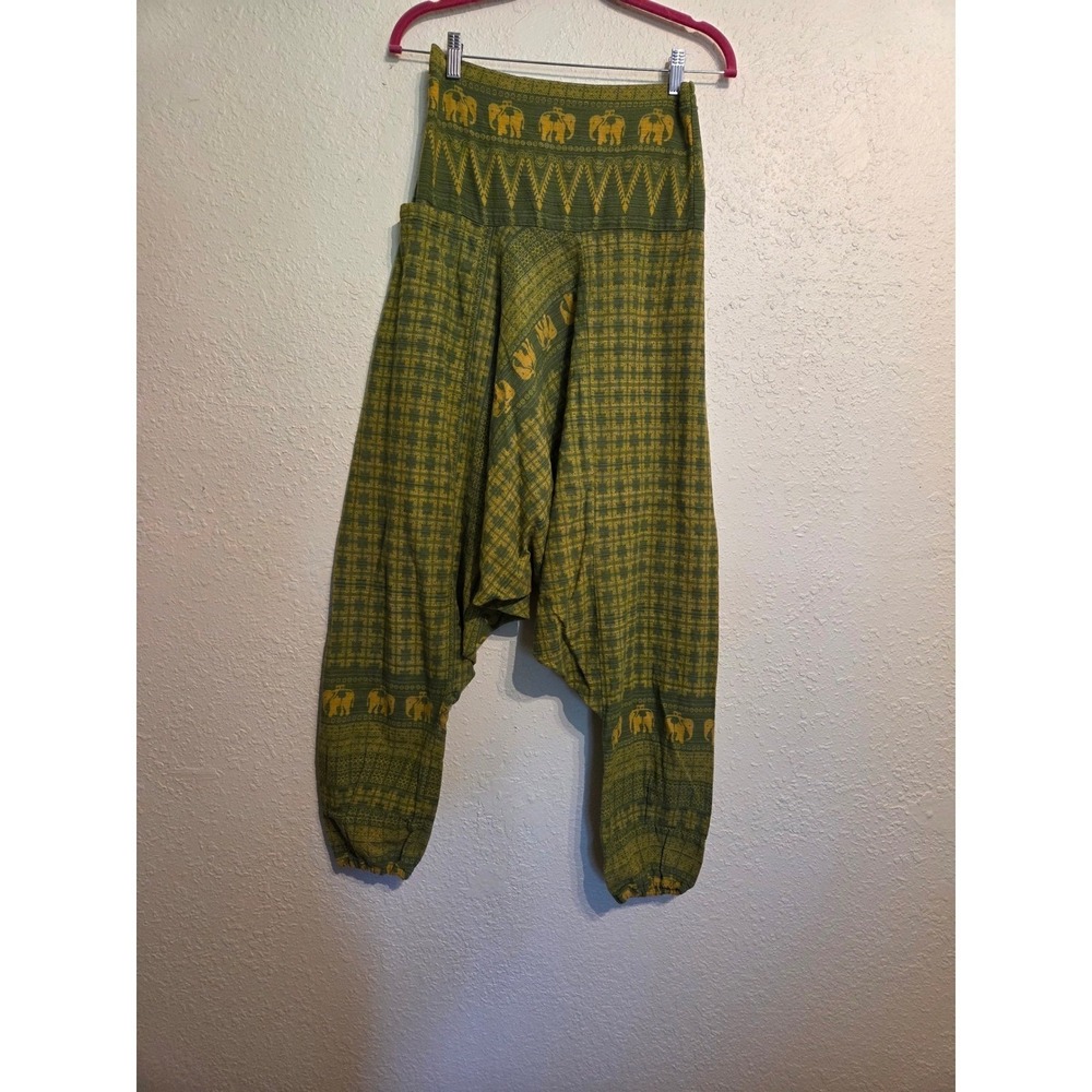 Harem Pants Green Yellow Elephant Print Smocked Waist Boho Yoga Trouser Thailand